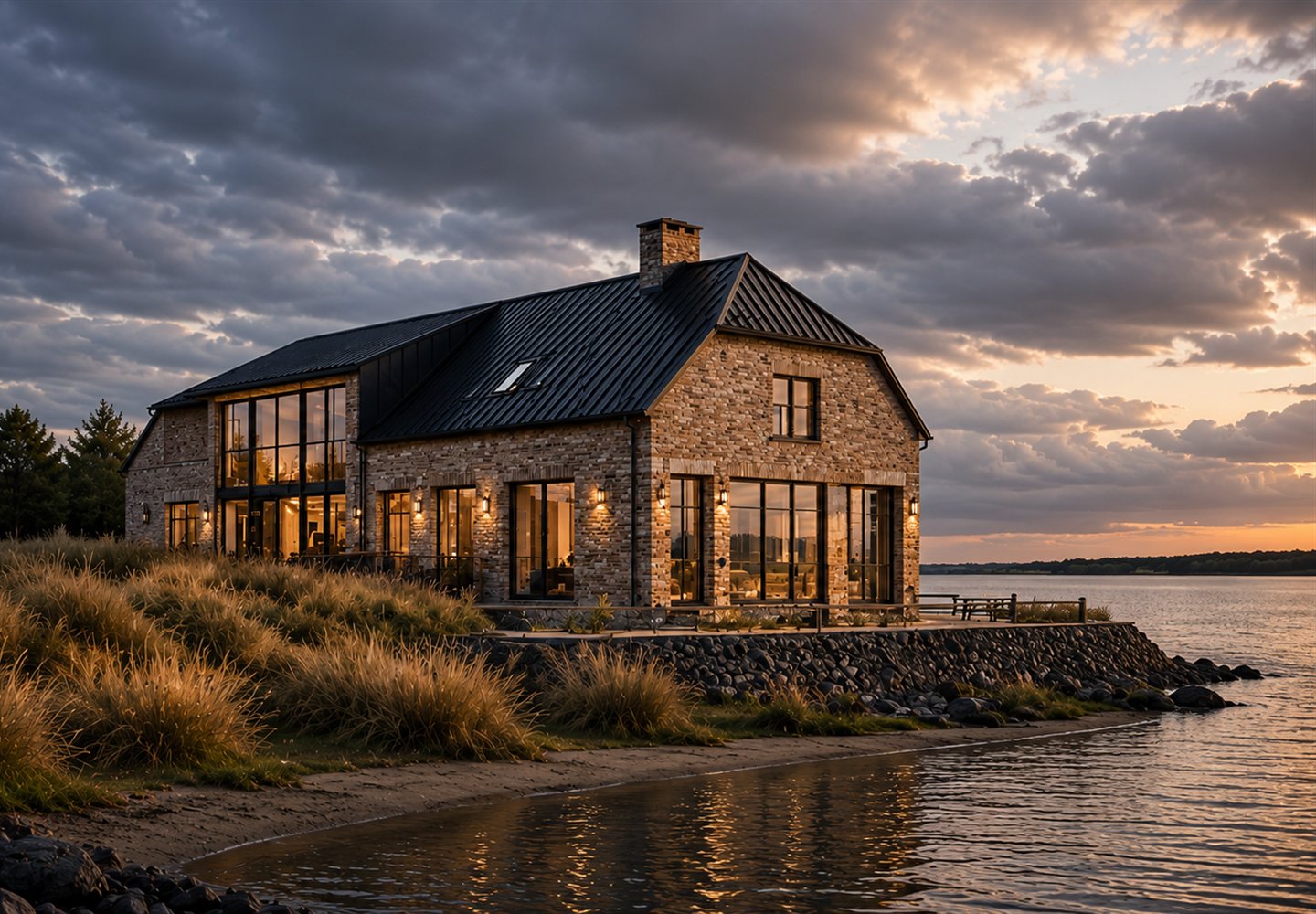 DK Arkitekter konceptvisual - privat kystvilla AI-genereret konceptvisual af privat kystvilla med tegl, glas og dansk bygningsarv.