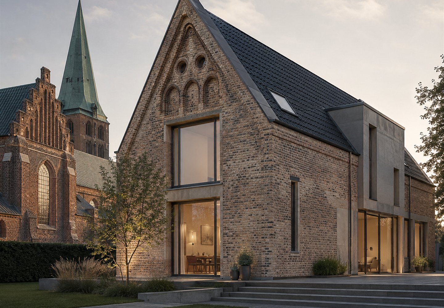 DK Arkitekter konceptvisual - dansk bygningsarv og privat bolig AI-genereret konceptvisual af dansk bygningsarv fortolket som moderne privat bolig.