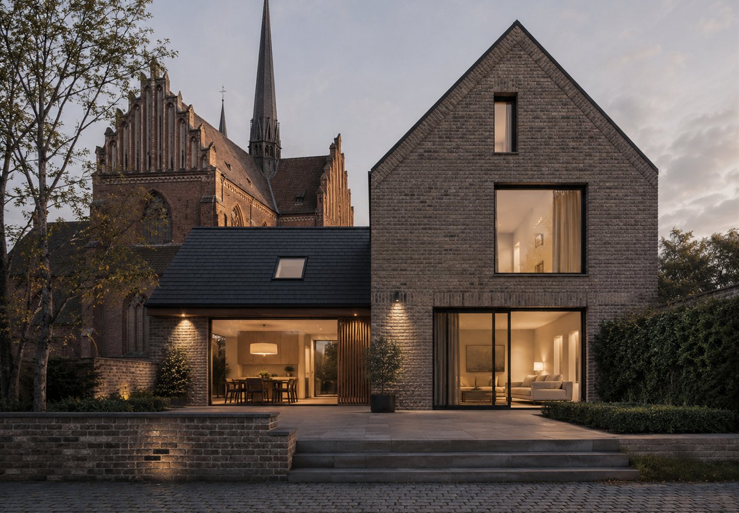 DK Arkitekter konceptvisual - moderne teglvilla og bygningsarv AI-genereret konceptvisual af moderne teglvilla ved historisk bygningsmiljo.