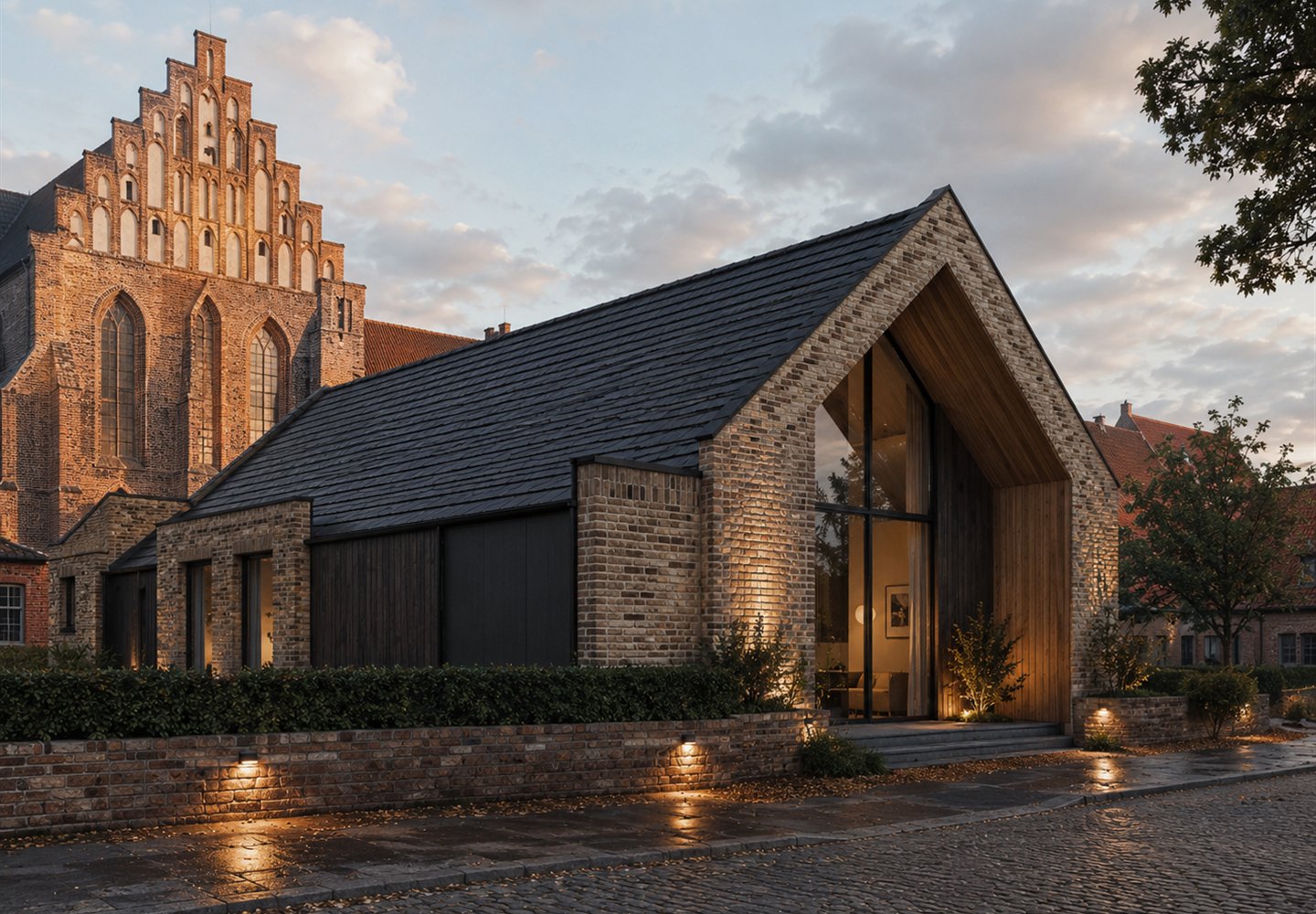 DK Arkitekter konceptvisual - privat teglvilla AI-genereret konceptvisual af privat teglvilla med moderne arkitektonisk indgreb.